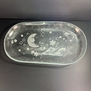 Vintage GLASAX Moonlight Collection Frosted Glass Oval Plate Moon, Stars, Saturn